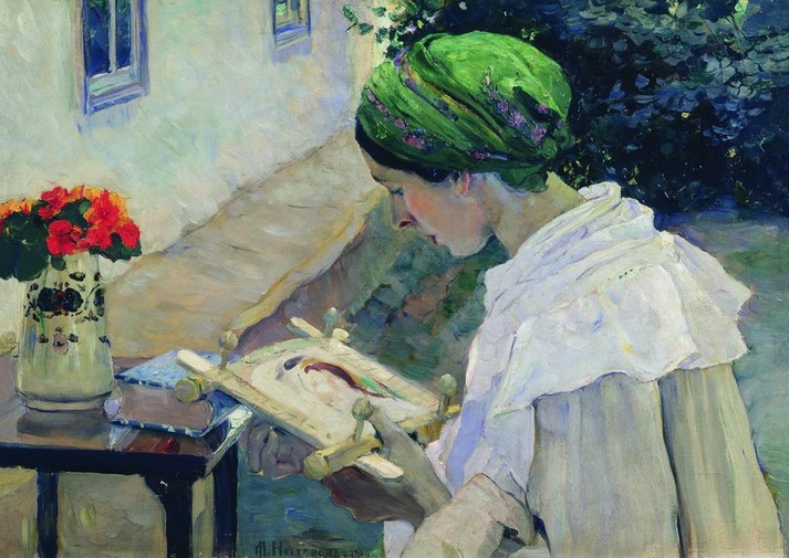 За вышиванием, 1909