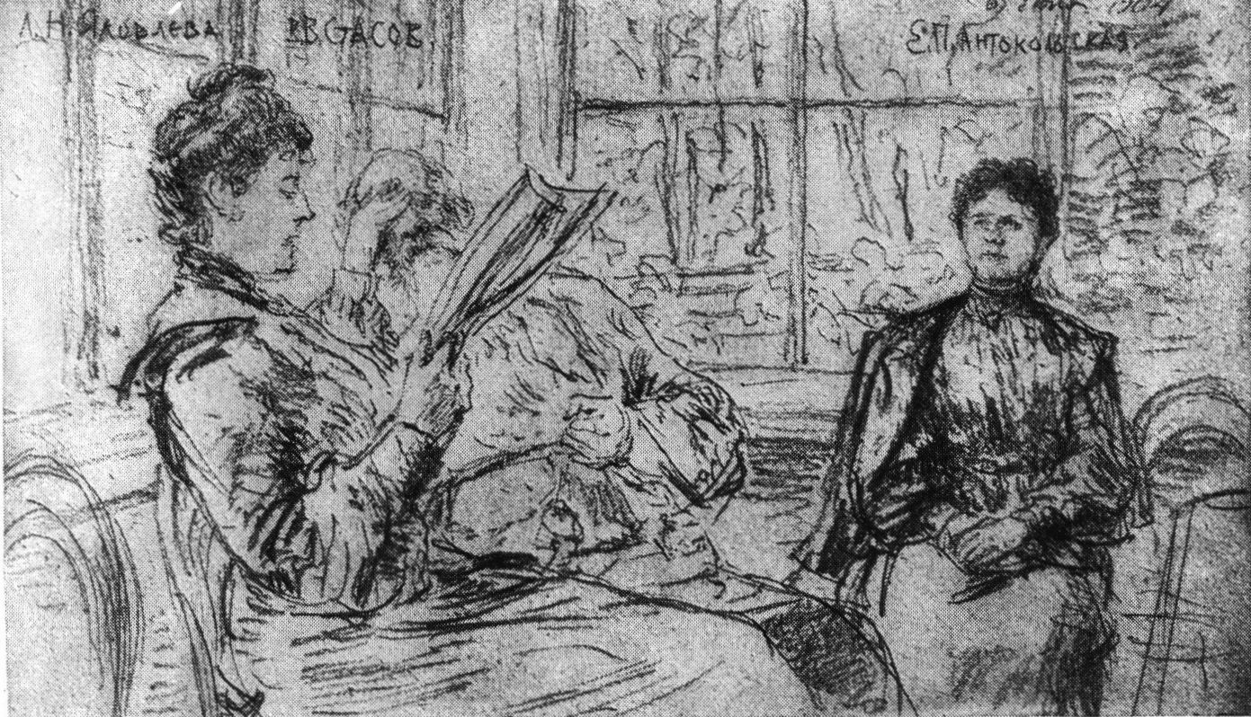 46. Л.Н. Яковлева, В.В. Стасов и Е.П. Тарханова-Антокольская. 1904