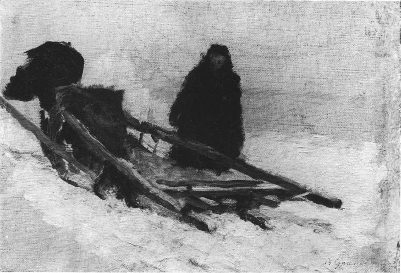 Сани и стоящая женская фигура в черном. Этюд. 1882—1883