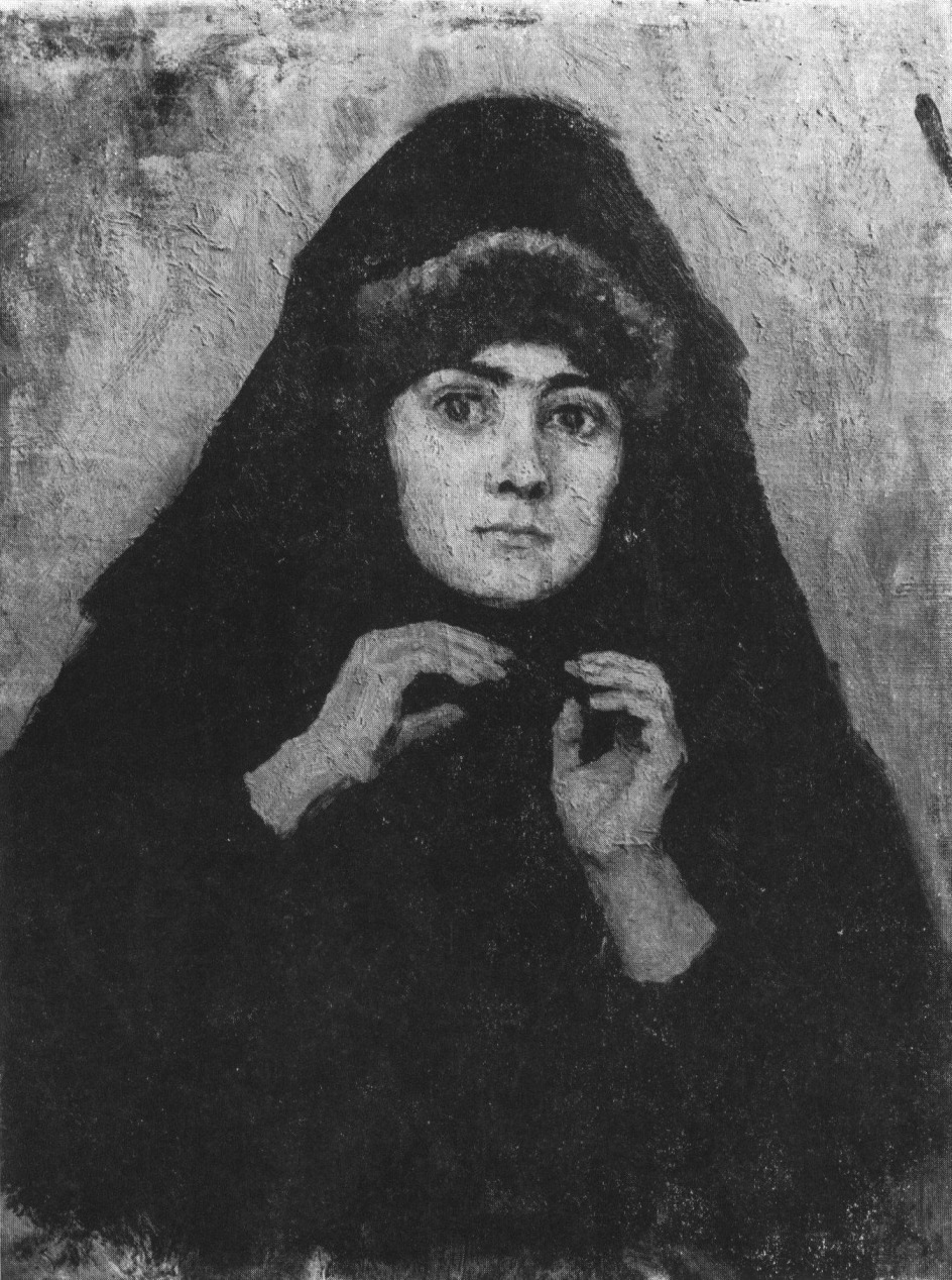 Монашенка с поднятыми к лицу руками. Этюд. 1884—1885