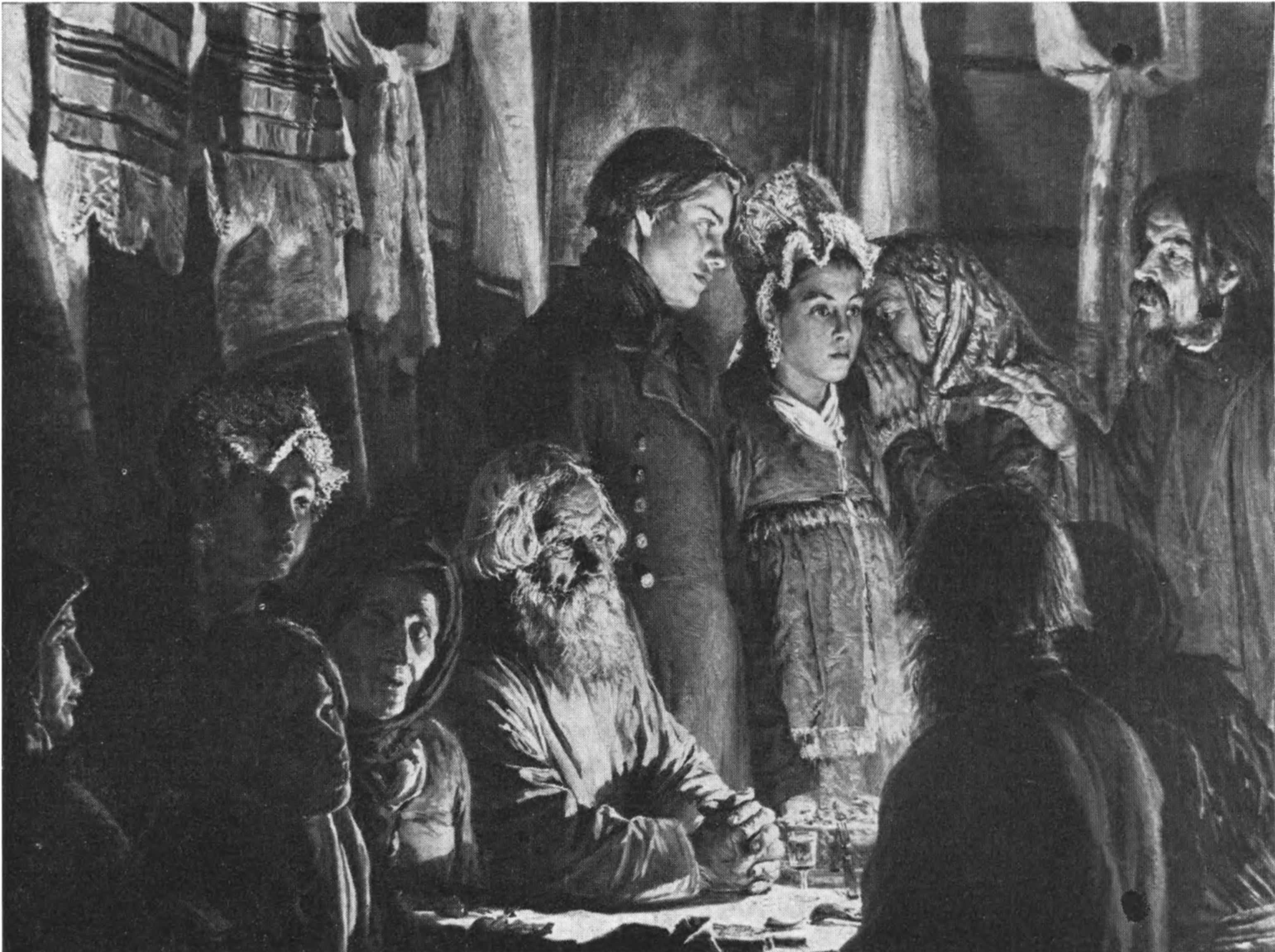В.М. Максимов. Приход колдуна на крестьянскую свадьбу. Фрагмент. 1875