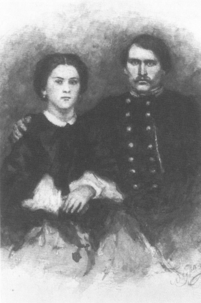 Екатерина, сестра художника, с мужем Сергеем Виноградовым. Акварель В.И. Сурикова по фото 1866 года. 1894 г.